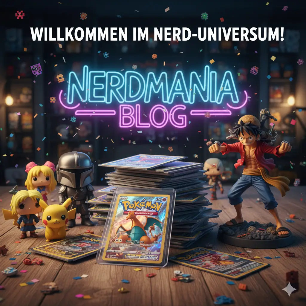 Willkommensbanner des NerdMania Blogs mit einer Neon-Schrift, umgeben von Pokémon-Karten, Funko POP! Figuren wie Pikachu und The Mandalorian, sowie einer Luffy-Anime-Statue auf einem Holztisch, alles geschmückt mit Konfetti.