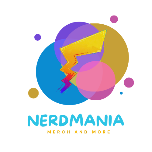 Das Logo der Marke Nerdmania zeigt ein stilisiertes, farbenfrohes Kopf-Design. Der Hauptschriftzug „NERDMANIA“ ist in leuchtendem Blau und der Slogan „MERCH UND MEHR“ in einem akzentuierten Gelb-Orange gehalten. Es repräsentiert den Online-Shop für Nerd-, Geek- und Gaming-Merchandise.